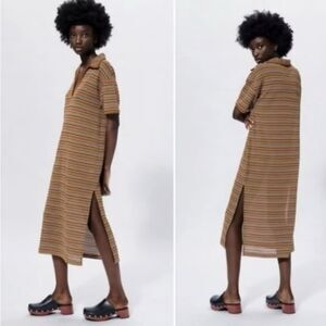 Zara Women’s Brown Retro Striped Knit Collared Midi Dress Size Large